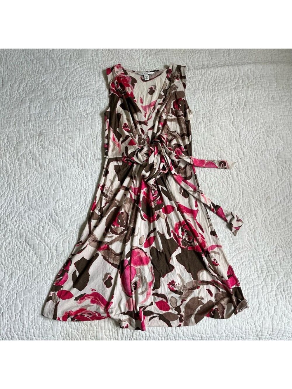 Banana Republic Womens Dress Pink Brown Floral Waist Tie V-Neck Petite Sz Small